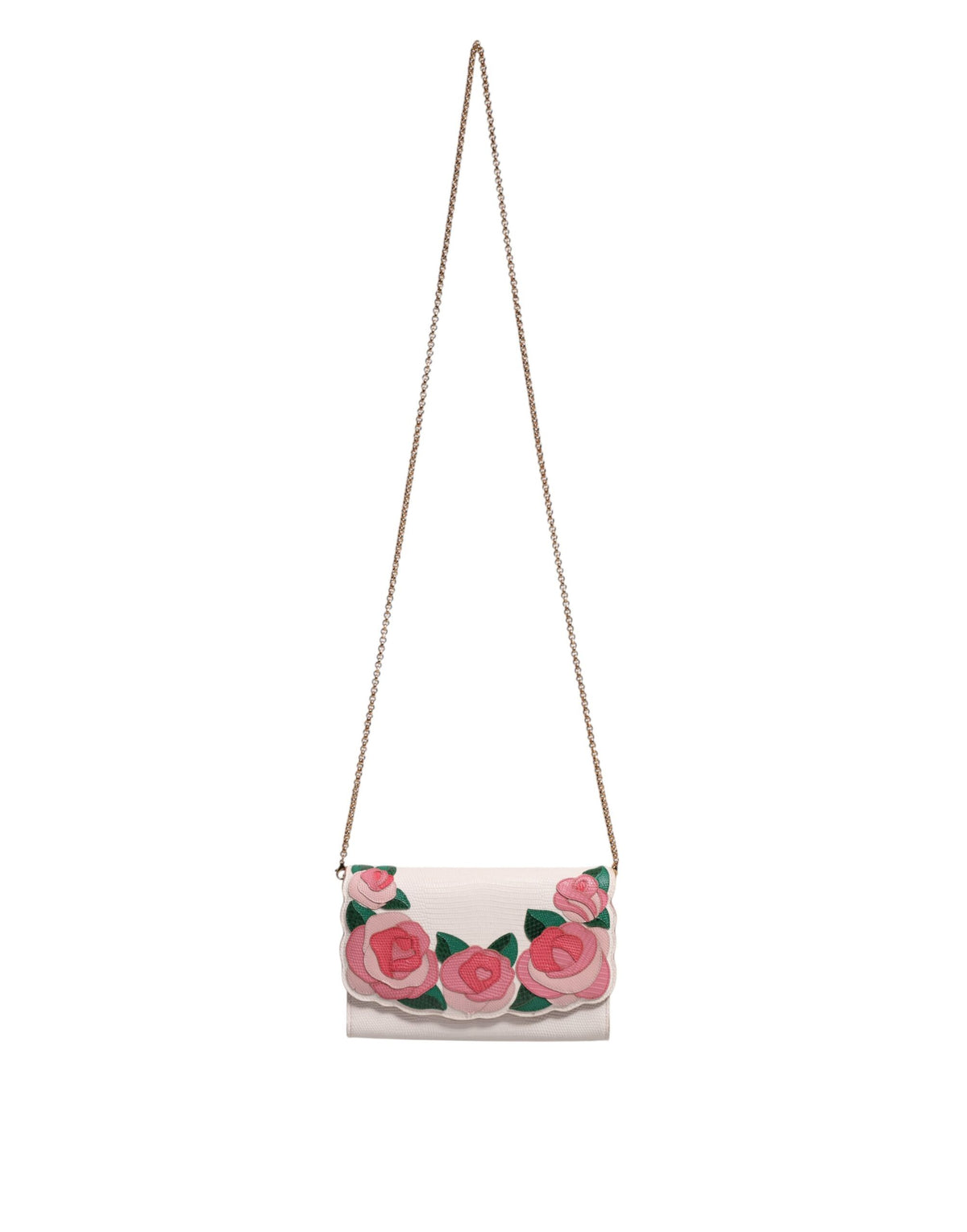 Dolce & Gabbana White Floral Leather Wallet Crossbody Gold Chain Bag