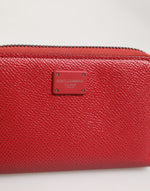 Dolce & Gabbana Red Leather Zip Around Logo Plaque Men Coin Purse Wallet