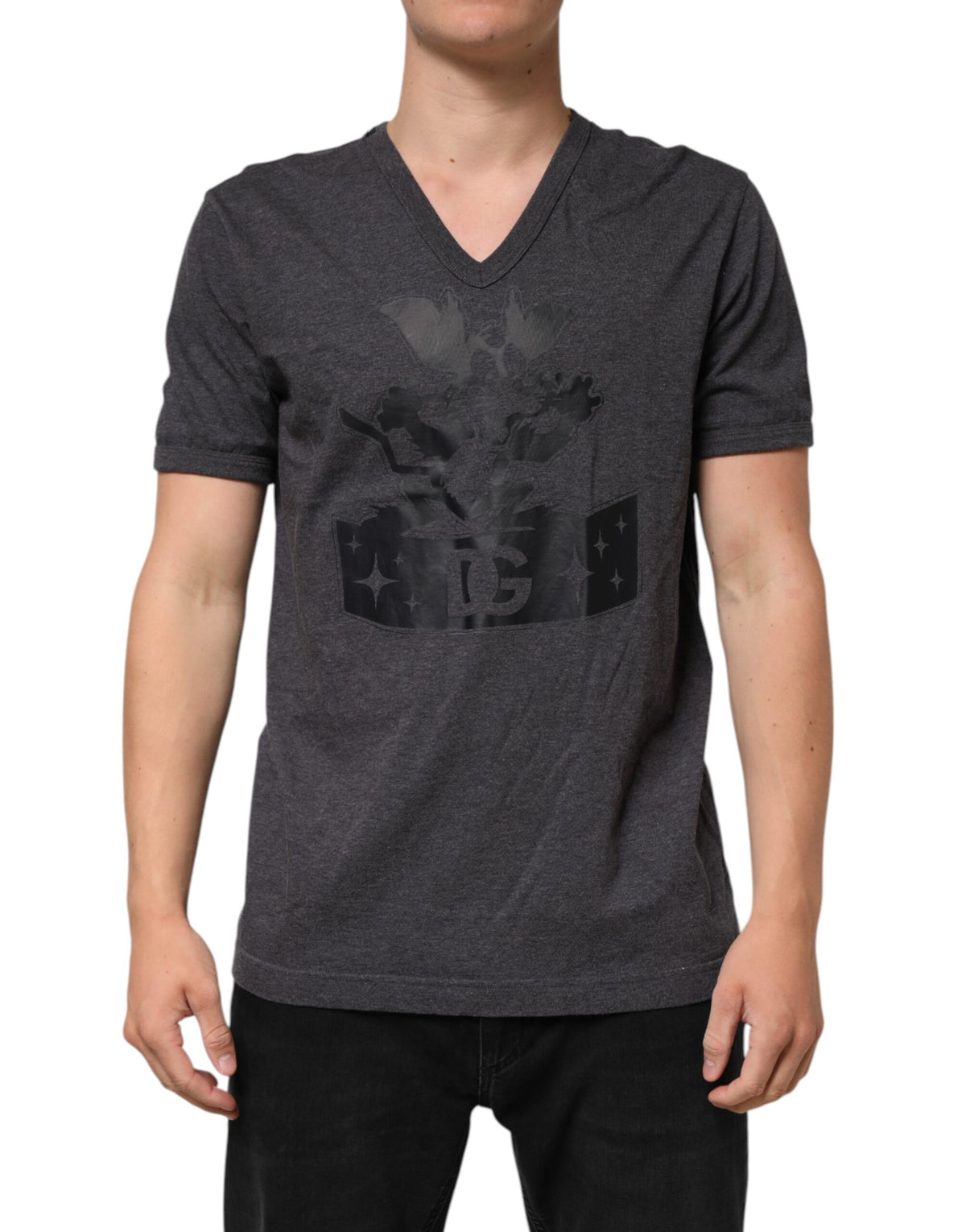 Dolce & Gabbana Black Charcoal DG Logo V-Neck Men T-shirt