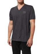 Dolce & Gabbana Grey Cotton V-Neck Logo Plaque Melange T-Shirt