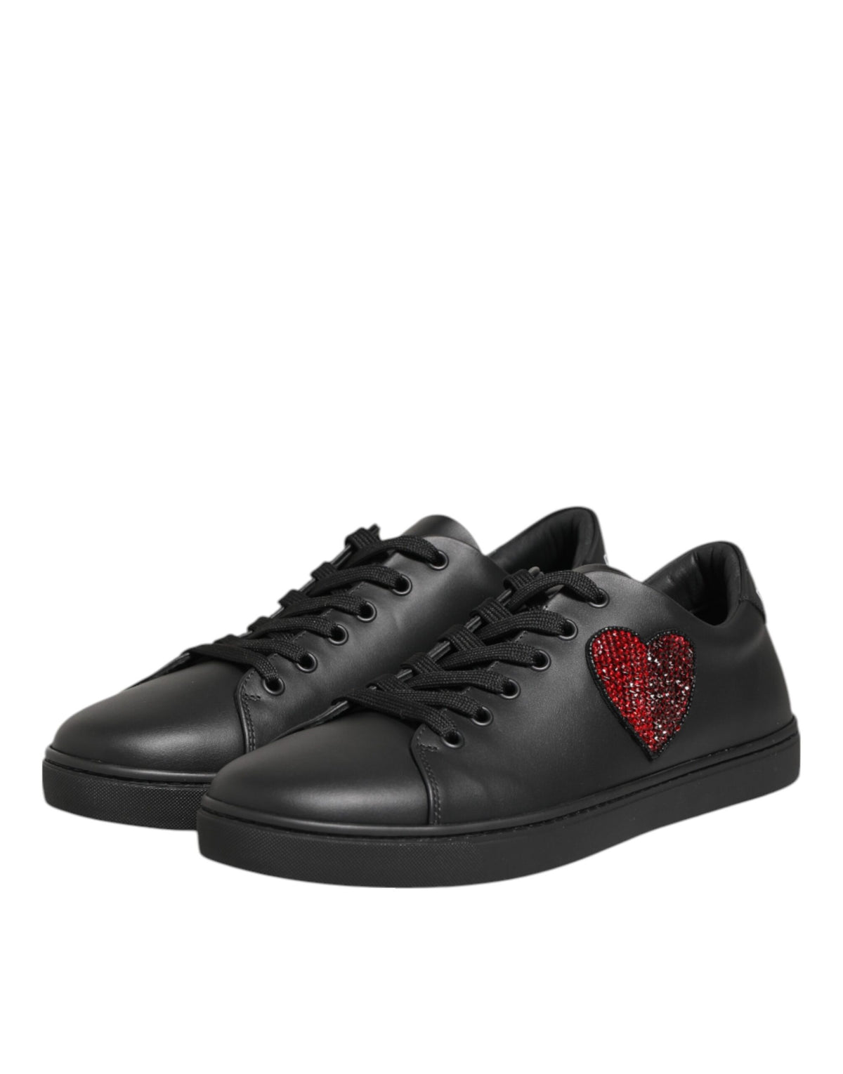 Dolce & Gabbana Black Leather Crystal Heart SneakersShoes