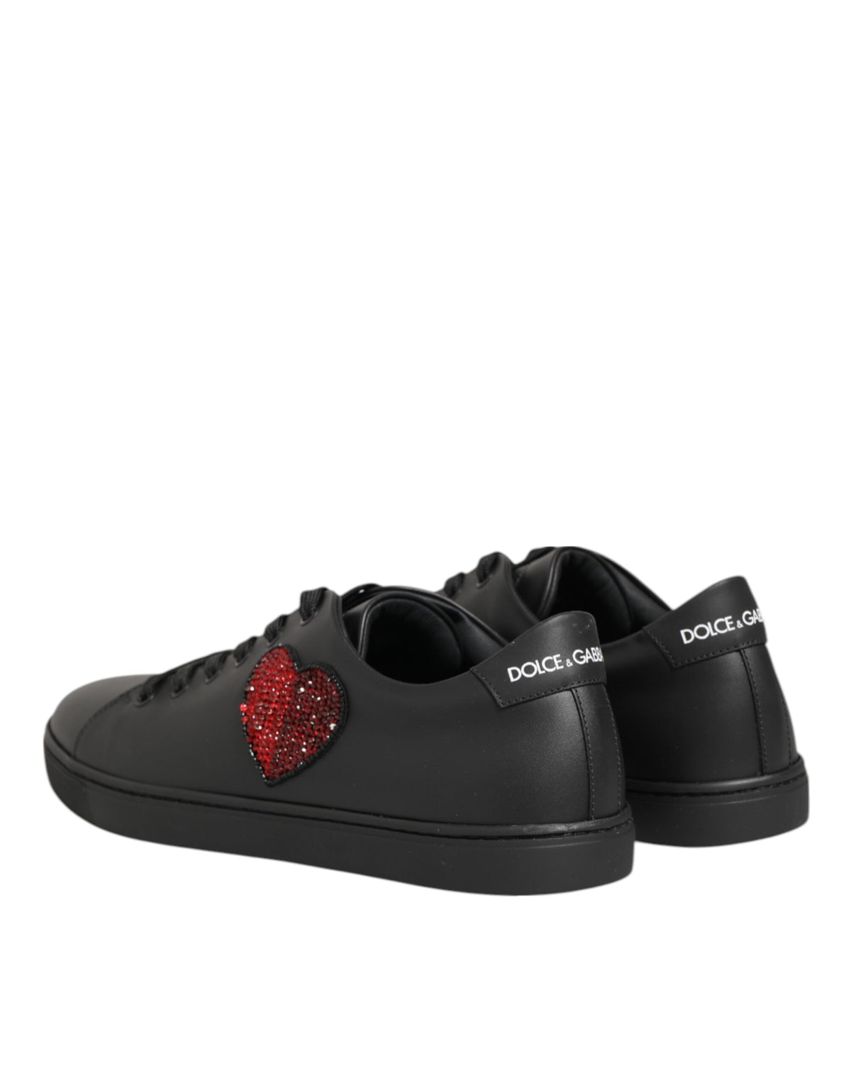 Dolce & Gabbana Black Leather Crystal Heart SneakersShoes