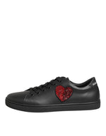 Dolce & Gabbana Black Leather Crystal Heart SneakersShoes