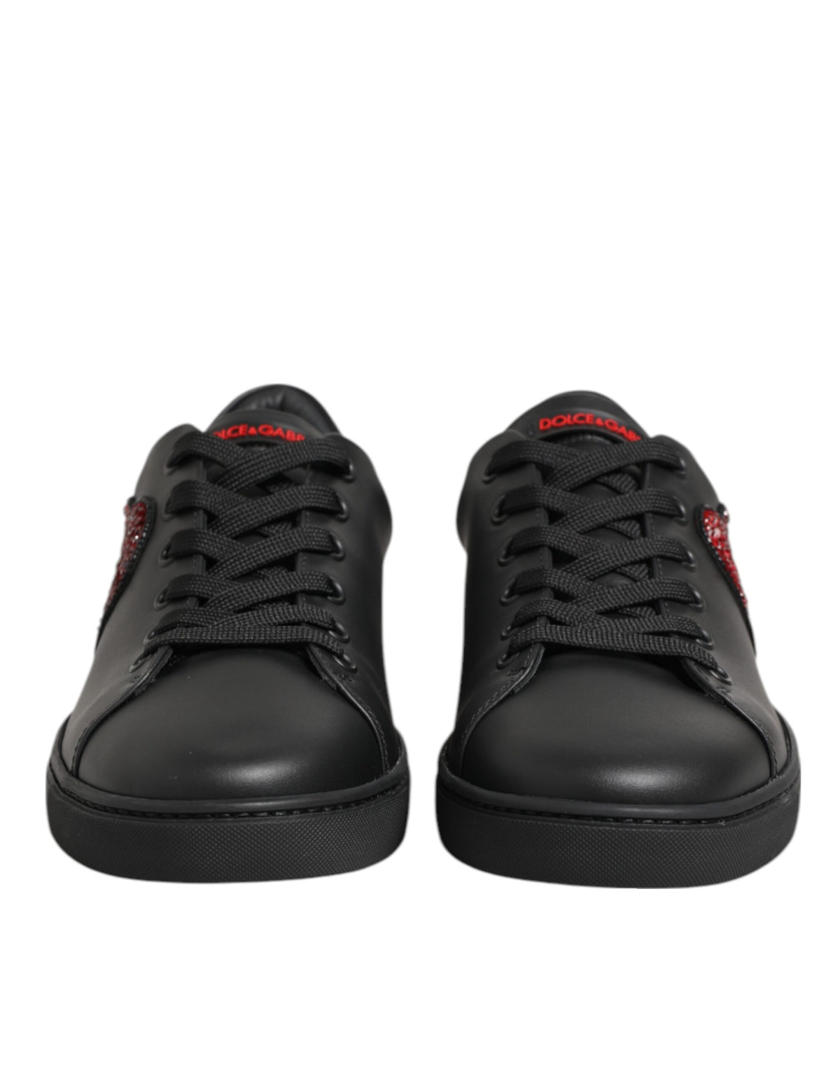 Dolce & Gabbana Black Leather Crystal Heart Low Top SneakersShoes