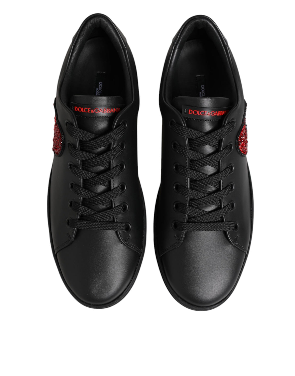 Dolce & Gabbana Black Leather Crystal Heart Low Top SneakersShoes