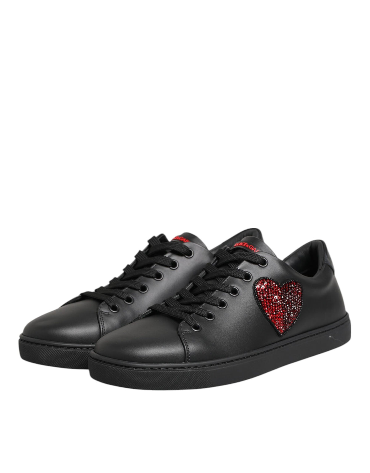 Dolce & Gabbana Black Leather Crystal Heart Low Top SneakersShoes