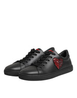 Dolce & Gabbana Black Leather Crystal Heart Low Top SneakersShoes