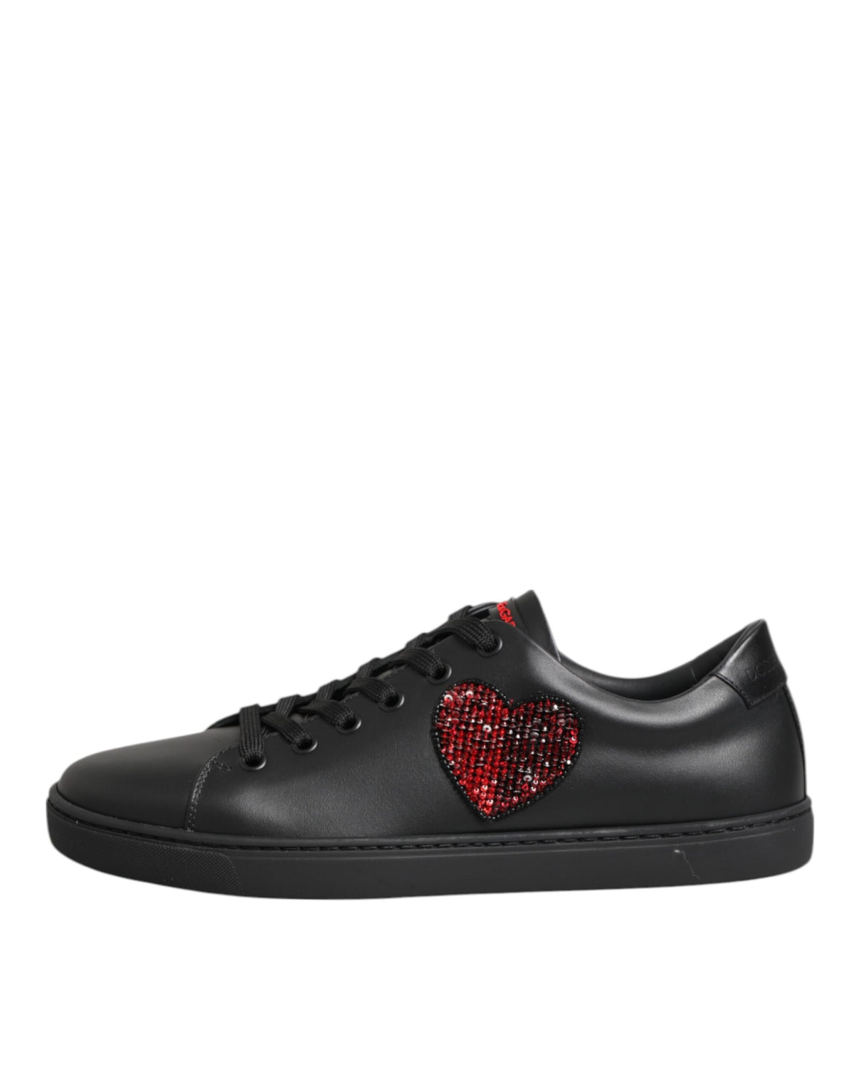 Dolce & Gabbana Black Leather Crystal Heart Low Top SneakersShoes