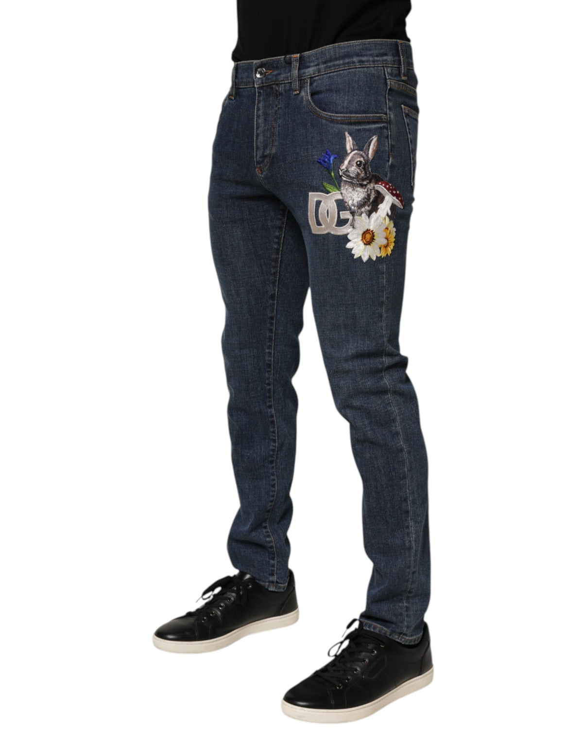 Dolce & Gabbana Blue Rabbit Embroidery Slim Men Denim Jeans