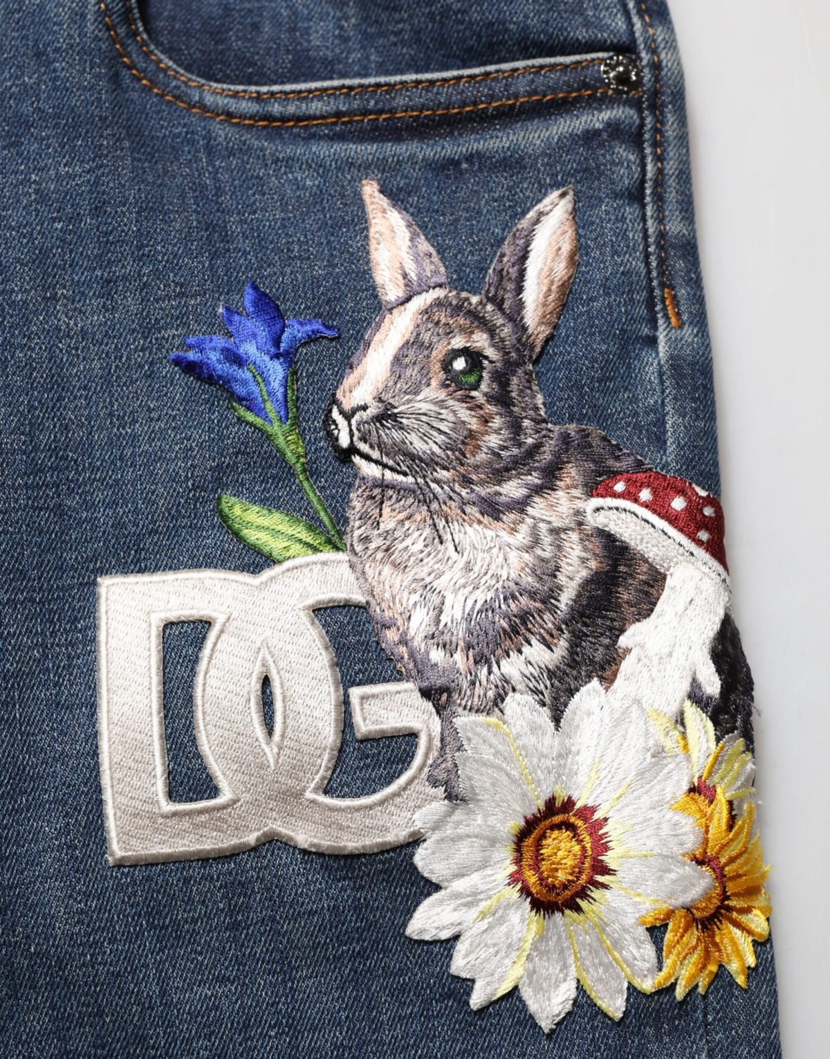 Dolce & Gabbana Blue Rabbit Embroidery Slim Men Denim Jeans