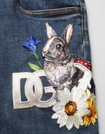 Dolce & Gabbana Blue Rabbit Embroidery Slim Men Denim Jeans